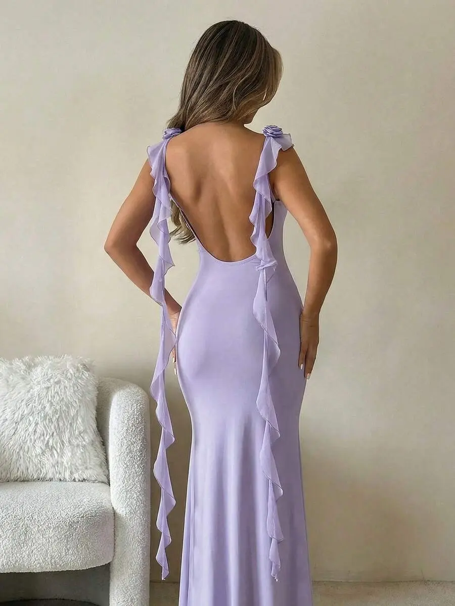 Elegant Lavender Open Back Maxi Slip Dress with Ruffle Hem for Prom, Birthday & Summer Parties