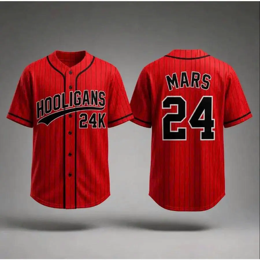 24K Hooligans Pinstripe Baseball Jersey, Unisex Short Sleeve Hip Hop Streetwear Shirt, Black White Game Day Top for Men Women