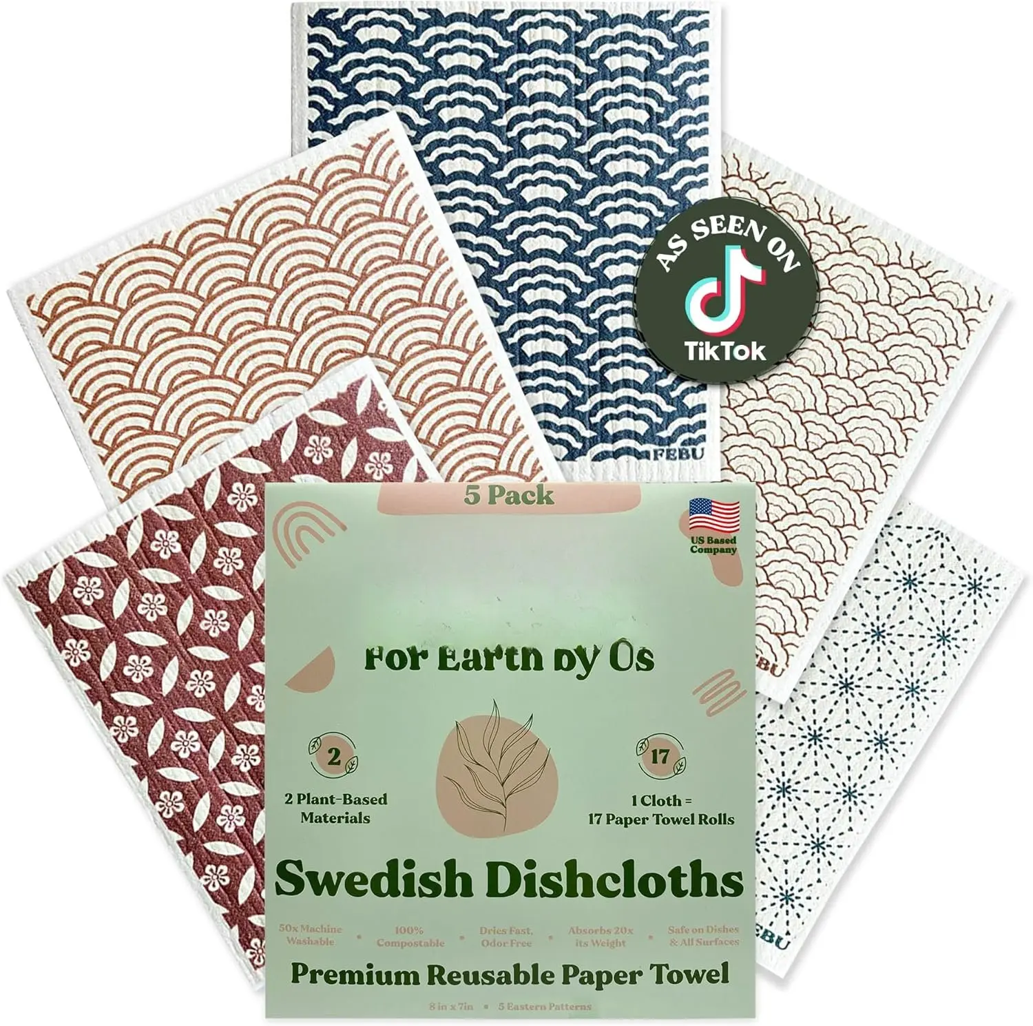 Swedish Dishcloths for Kitchen | 5 Pack Eastern  Paper Towels Washable | Swedish Dish Towels | Non-Scratch Cellulose Sponge Cloths | No Odor, Biodegradable Cleaning Cloths
