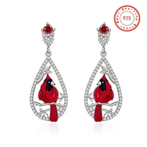 Cardinal Earrings, 925 Sterling Silvery Cardinal Earrings for Women, Teardrop Exquisite and Cute Style Pendant for Women, Pierced Earrings Red Fashionable Cubic Zirconia Animal Bird Valentine's Day Jewelry, Best Choice for Thanksgiving, Chr