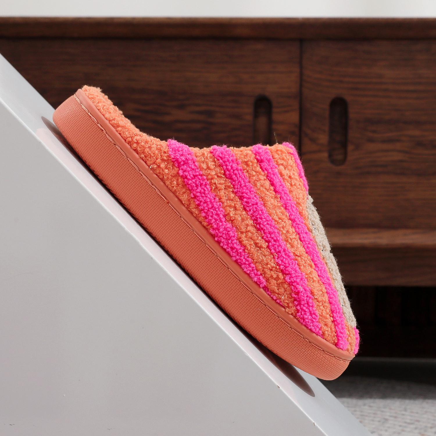 Women’s Retro Striped & Leopard Fuzzy Slippers, Super Soft Fluffy Lined Closed Toe House Shoes, Warm Cozy Anti Slip Indoor Bedroom Slippers, Winter Holiday Gift for Women