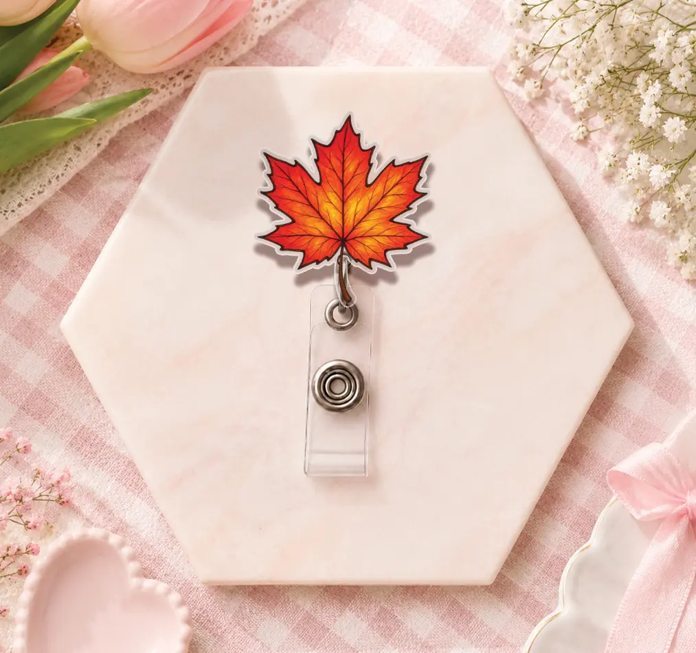 Cute Red Maple Leaf Acrylic Badge Reel, Autumn Fall ID Name Tag Holder, Fall Vibes Retractable Lanyard Clip, Office Supply, Nurse Accessory, Teacher Badge Holder