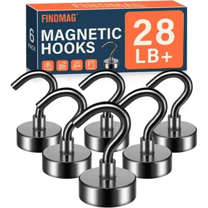 Black Magnetic Hooks 28 lbs Strong Neodymium Magnet Hooks for Hanging, Magnet with Hook for Cruise, Grill, Fridge, Pack of 6