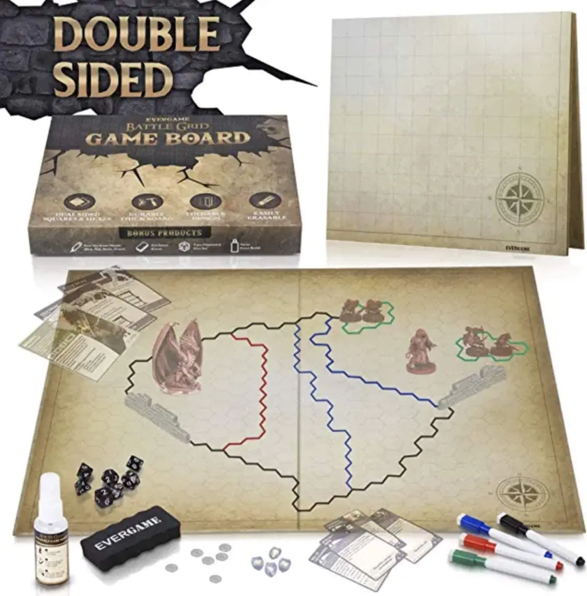 EverGame Dungeons & Dragons Double-Sided Tabletop Game Mat - 23x27 in, Hex & Square Grid, W/Dice Set, Classic Aged Look Map for Aged Players, Board Games Night, Family Fun, 1 Game Mat
