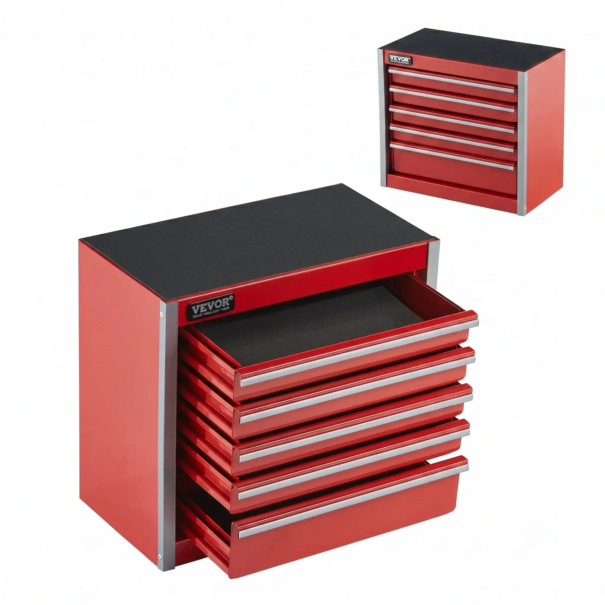 VEVOR Metal Tool Box, 8.6-inch, Portable Metal Tool Box with 5 Drawers, Small Tool Chest with EVA Liners and PP Feet Pads, Heavy-Duty Steel With Ball Bearing Opening and Powder Coated Finish, Red , Black