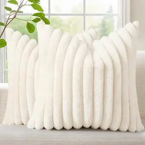 Summer Comfort Faux Fur Pillow Cover Set of 2, Decorative Soft Velvet Striped Modern Farmhouse Bohemian-Style Sofa Pillow Cover with Velvet Back, Suitable for Sofa Bed/Living Room, Cream White Color.