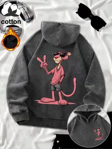 Women's Panther Print Knit Hoodie, Casual Fitted Long Sleeve Pullover, Vintage Wash Cotton Sweatshirt for Fall & Winter, Graphic Print Hoodie