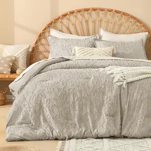 Size Comforter Set Oatmeal, Beige 3 count Boho Tufted Bedding, Khaki  Farmhouse Bed Set for  Season with 2 Leaf  Pillowcases(90x90In)