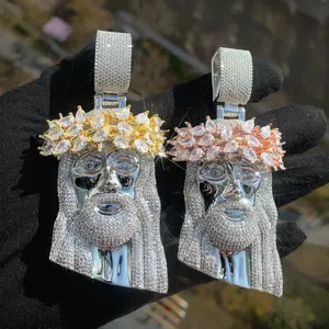 Mens Hiphop VintageJesus Head Sculpture Copper Pendant with Zircon Stones Electroplated Geometric Necklace Gold Silver Rose Gold Styles