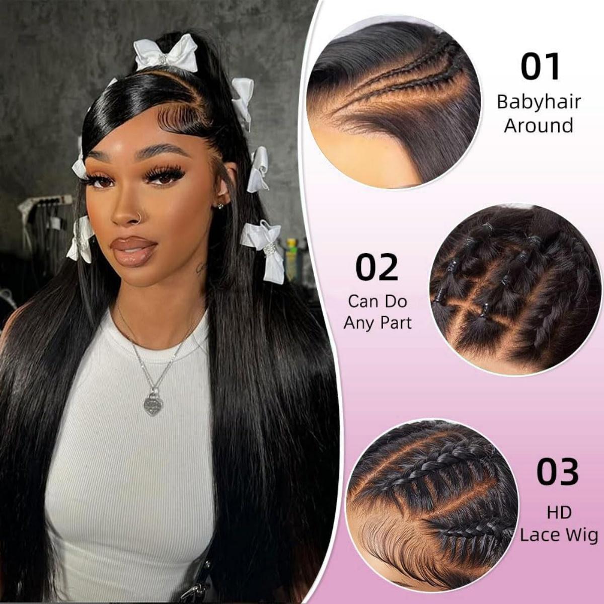 Straight Human Hair Wig 13x4 HD Transparent Lace Front Wigs Human Hair Glueless Human Hair Wigs for Women Brazilian Virgin Lace Frontal Wig 180% Density Pre Plucked Hairline with Baby Hair Black Color