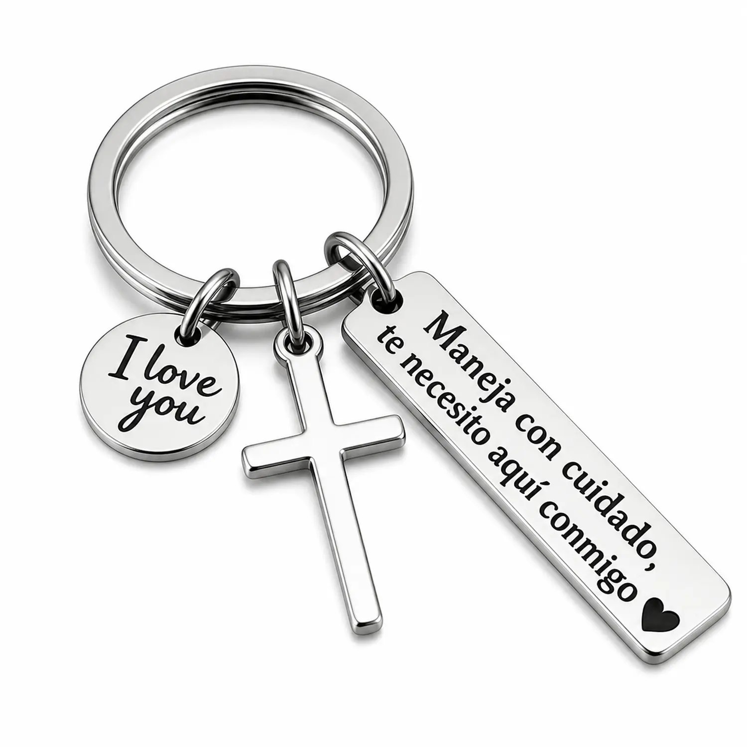Spanish Drive Safe Keychain for Men, Stainless Steel Car Keychain with Cross and I Love You Charm, Romantic Religious Gift for Boyfriend, Husband or Anniversary