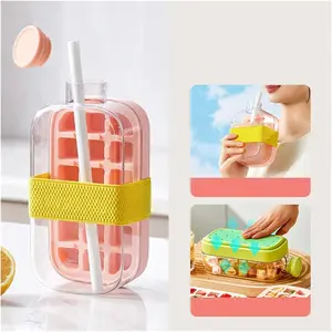 Ice Cube Bottle with Straw and Leak Proof Lid, 2 in 1 Freezer Ice Maker Water Bottle for Iced Coffee Juice Gym Travel and Home Use