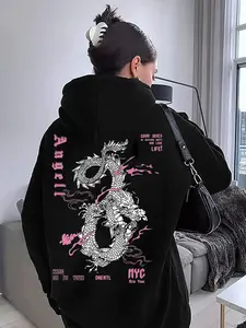 Women's Black Hoodie Sweatshirt with Dragon Back Print, NYC Street Style Top, Angel and Good Wishes Graphic for Casual Fashion, Graphic Hoodies