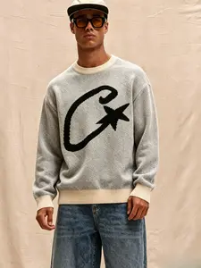 Men’s Retro C Star Jacquard Crewneck Pullover Sweater — Loose, Relaxed Fit, Color-Block Ribbed Hem Knit Top