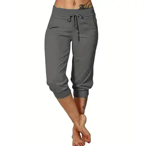 Drawstring Capri Pants, Casual Solid Color Versatile Pants with Pockets, Women's Fashion