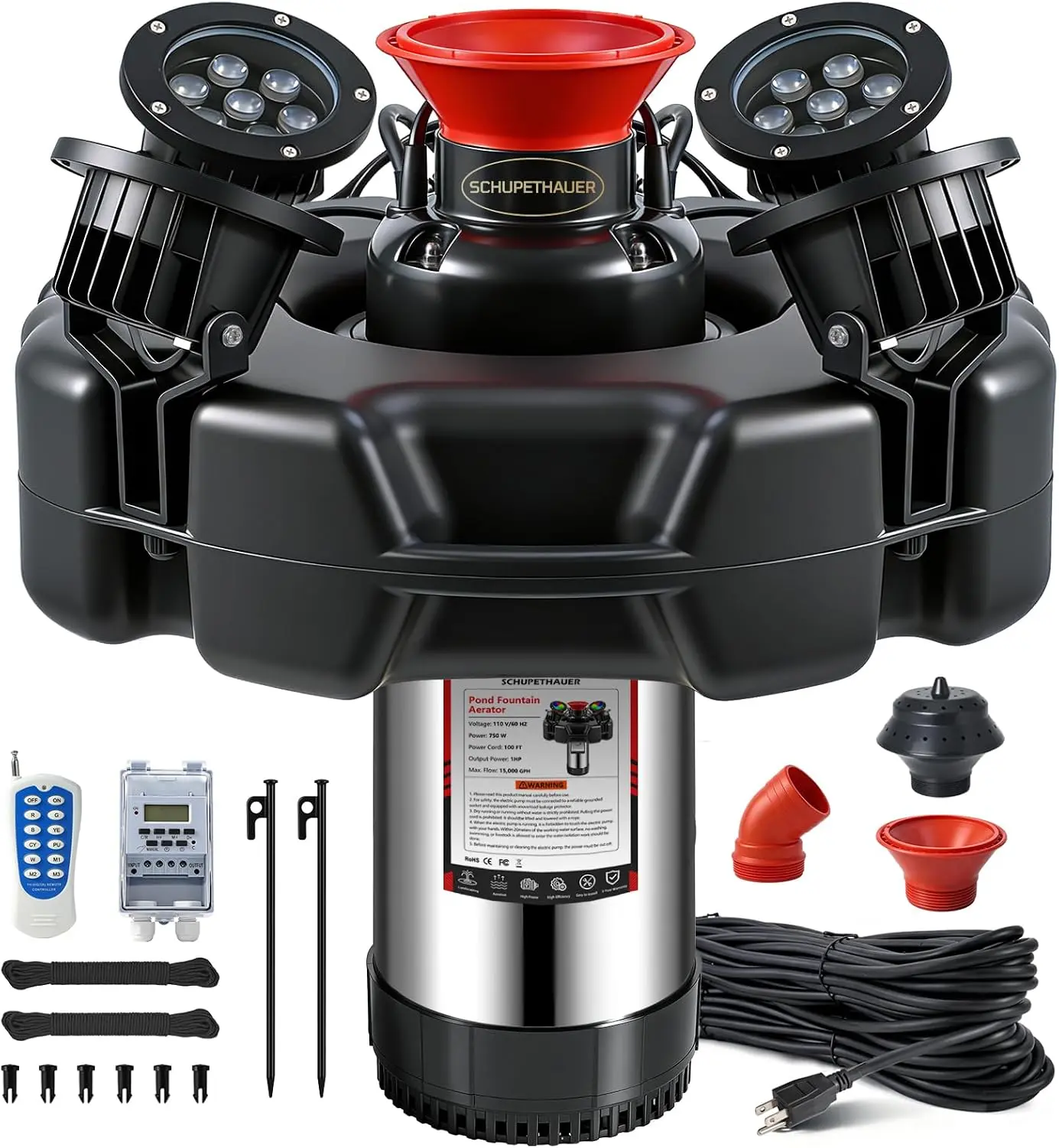 Pond Fountain Aerator, with 4 RGB Lights, Fireworks Fountain | 1HP 110V 15000 GPH Floating Aerator & Fountain Pump, for Larger Ponds & Lakes, with 100FT Power Cord, Digital Timer, Handle