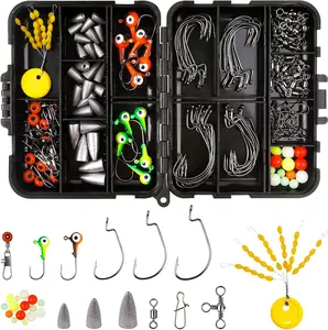 Fishing Accessories Kit 175pcs Bass Trout Fishing Tackle Kit Including Jig Heads Hooks, Fishing Swivels Snap, Fishing Sinker Weights, Rubber Bobber Stopper Freshwater Saltwater Fishing Gear Equipment