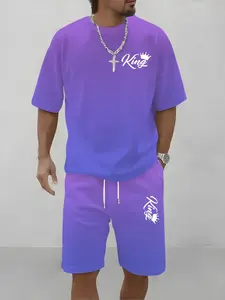 Purple Tone King Crown Print Loose T-Shirt & Shorts Matching Set, Men's Summer Casual Two-Piece