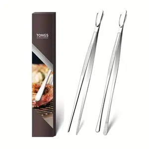 2pcs Extra-Long Stainless Steel Kitchen Tweezers - 12 Inch Fine Tongs for Cooking, Baking, BBQ, Pet Feeding & Food Preparation - Durable, Easy to Clean, Ideal for Home & Professional Kitchens, Kitchen Tongs, Baking Essentials, Sleek Metallic Finish, Easyc