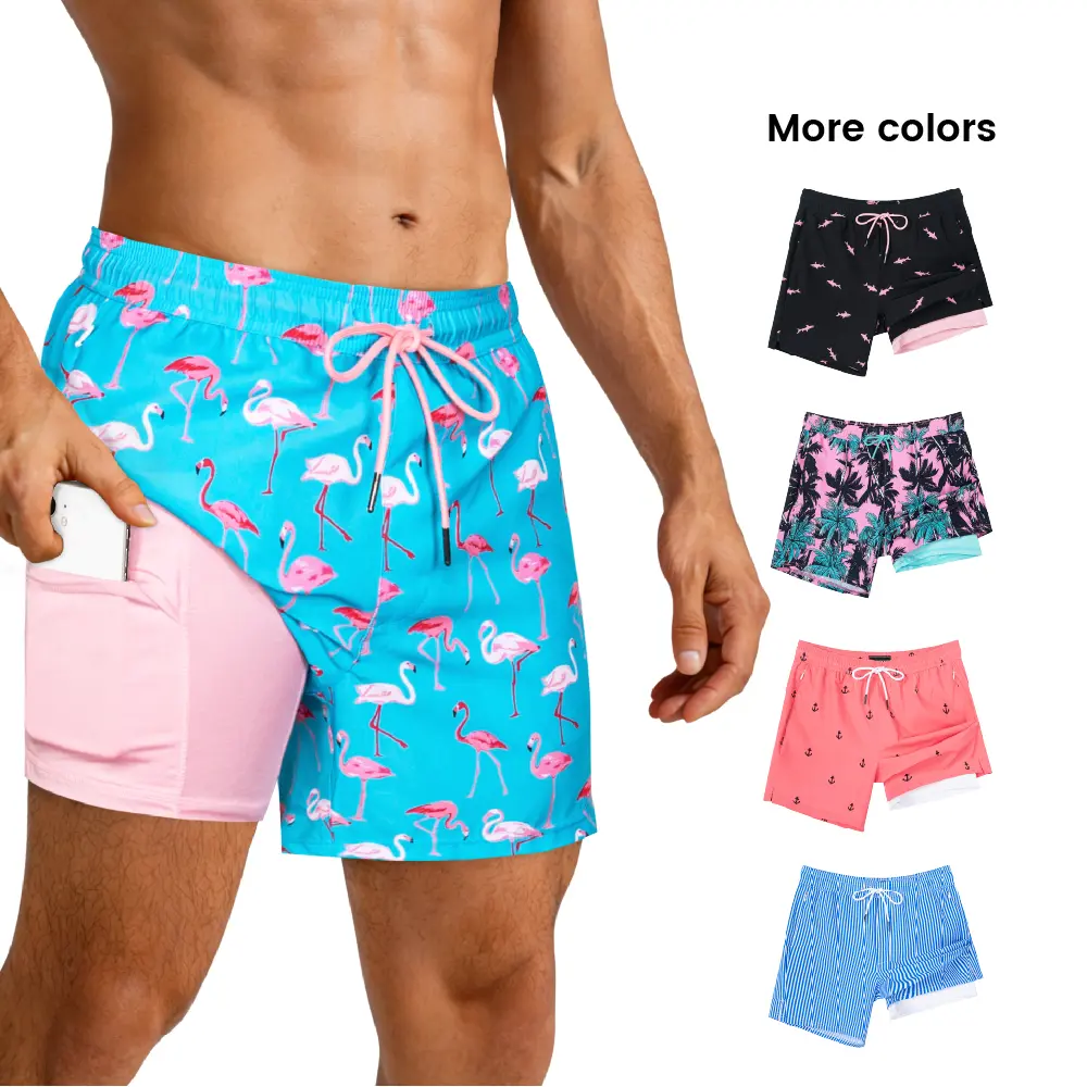 SURFCUZ Mens 5 Inch Swim Trunks with Compression Liner Swimming Trunks Bathing Suit Zipper Pockets Quick Dry Swim Shorts