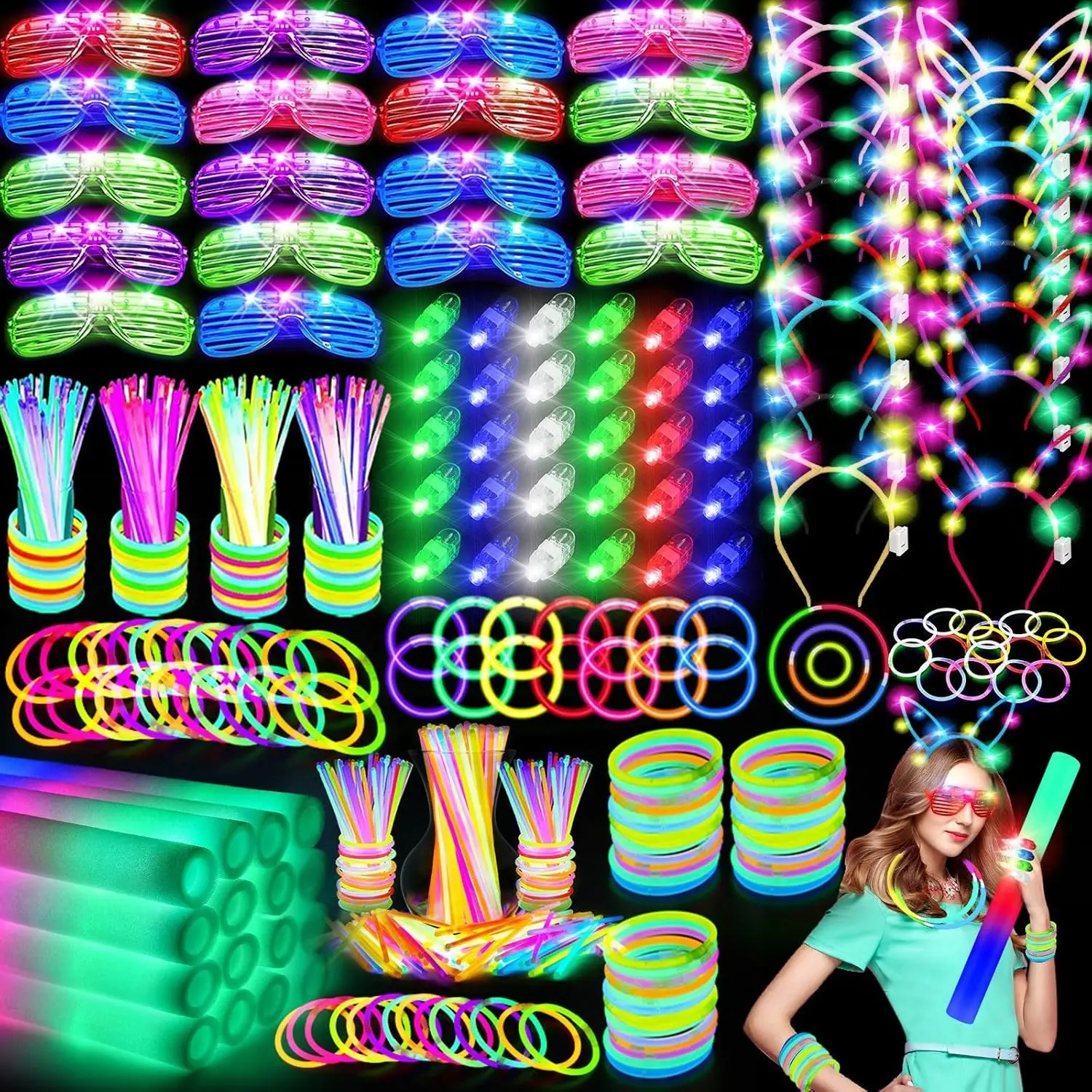 282 PCS Large Quantity Glow in the Dark Party Decor Supplies Kit with Foam Sticks, LED Glasses, Glow Sticks, Finger Lights, Bunny Ears, LED Cat Ear Headbands for Kids Adults Wedding Events