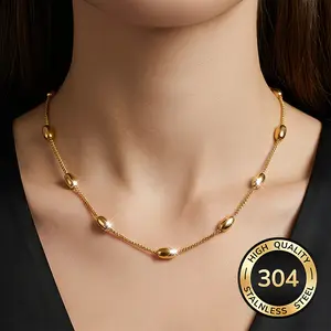 14K Gold Plated 304 Stainless Steel Oval Bead Station Chain Necklace, Waterproof No Tarnish Choker for Women, Hypoallergenic Minimalist Dainty Jewelry for Daily Wear