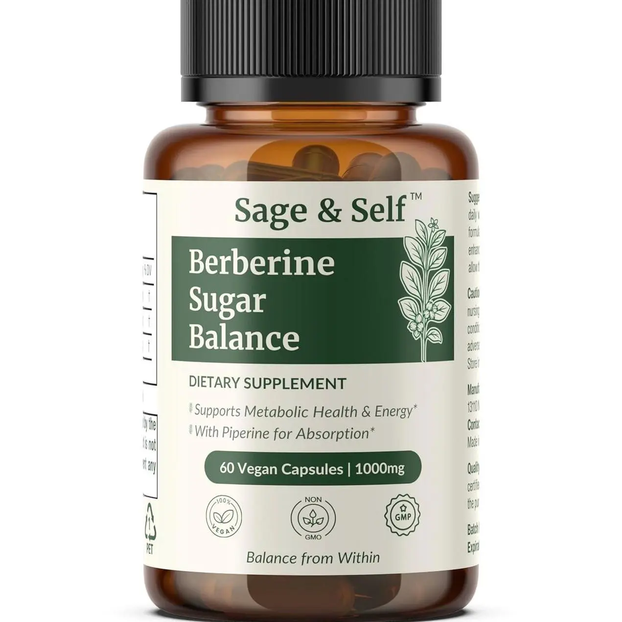 Sage & Self Berberine Sugar Balance – Berberine HCL with Ceylon Cinnamon & Black Pepper – 1000 mg Per Serving – Vegan Herbal Supplement (60 Capsules)