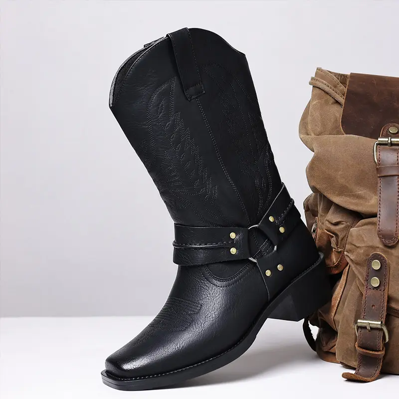 Men’s retro Western cowboy mid-calf boots with buckle decoration, side zipper for easy wear/removal, chunky heel for stability, stylish street-style design—versatile casual boots for everyday wear.