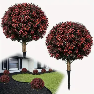Set of 2 Artificial Topiary Boxwood Ball Tree, 24.5'' Tall UV Resistant Fake Bushes Evergreen Shrubs with Spikes, Red Faux Plants for Indoor Planter Outdoor Front Porch Door Autumn Decor, 16.5'' Dia