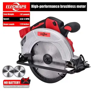 Cordless brushless circular saw, compatible with 18V batteries, 7-1/4 inches, up to 5500 RPM, 0-50 degree tilt, suitable for wood, plastic, stone, includes two blades