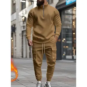 Men's Casual Fleece Lined Zipper Work Pants Set, Thick Fabric Warm Fitted Long Trousers for Fall & Winter, New Arrival Us Style
