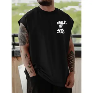 Men's wide-shouldered retro sleeveless vest, letter pattern printing, suitable for spring and summer, vacation, carnival wear, friends gathering daily wear tops, creative DIY men's vest T-shirt