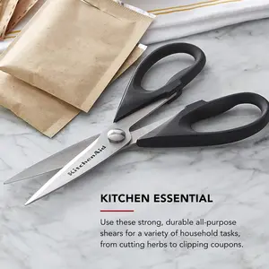 KitchenAid All Purpose Kitchen Shears with Protective Sheath for Everyday use, Dishwasher Safe Stainless Steel Scissors with Comfort Grip, 8.72-Inch, Black Blade Handles Meat Utensil