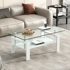 2-Tier Tempered Glass Coffee Table, Modern Geometric Living Room Center Table with MDF Frame & Non-Slip Feet, Clear Glass Cocktail Table for Home Office