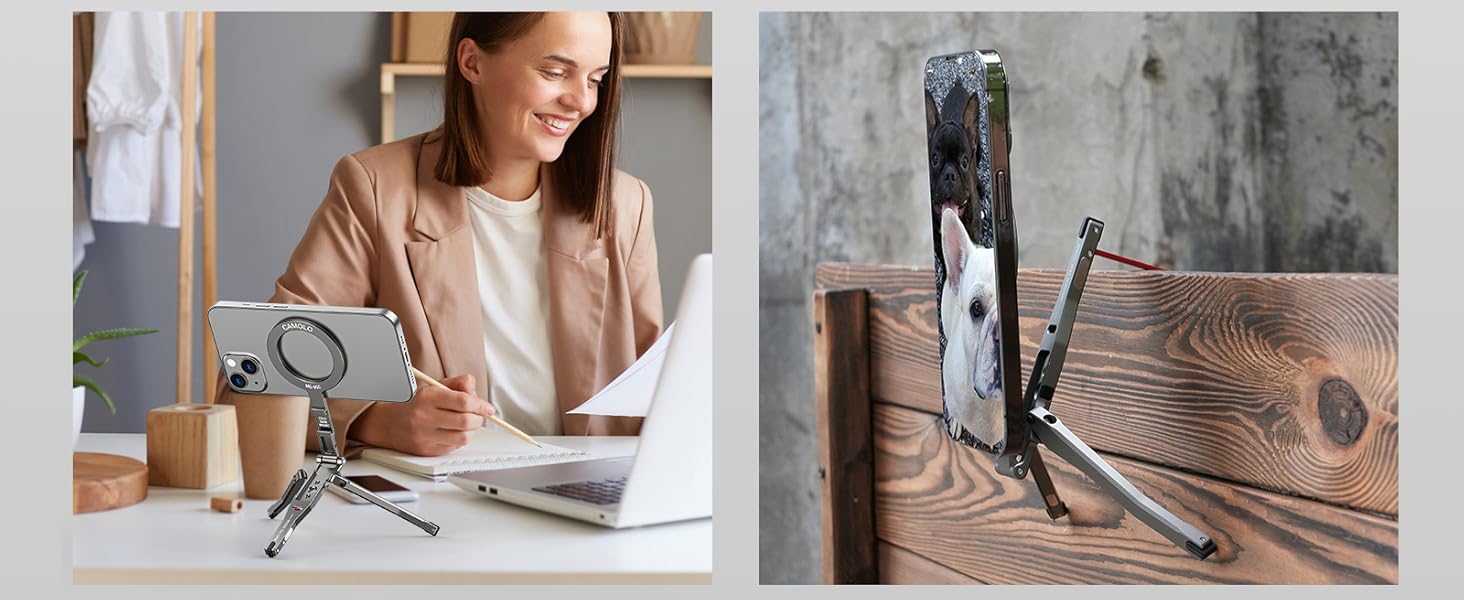 CAMOLO Magnetic Pocket Phone Tripod Foldable Stand with Hook, MG-07/MG-05G Phone Holder Compatiable with Magsafe for iPhone 16 15 14 13 12 Pro Max Plus Series, 1/4" Screw Tripod Mount, 2-in-1 Dual Magnetic for iPhone 15/14/13/12 Plus Pro Max Series / ipad
