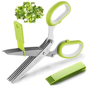 Handy Sizes Herb Scissors with 5 Blades and Cover Stainless Steel Herb Cutter for Fast Precise Cutting Compact Easy to Store Design Ergonomic Handle & Cleaning Brush for Quick Comfortable Kitchen Prep