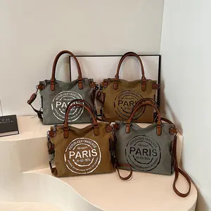 Vintage Paris Stamp Canvas Tote Shoulder Bag - Sturdy, Spacious, Ultra-Lightweight with Zipper Closure, Removable Crossbody Strap, and Polyester Lined Interior