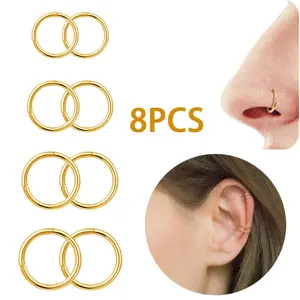 8pcs 16G/18G/20G 316L Surgical Steel Hinged Nose Rings Hoops Lip Septum Rings Helix Conch Cartilage Tragus Earrings Piercing Jewelry Black Silver Gold Plated Nose Rings For Women Men
