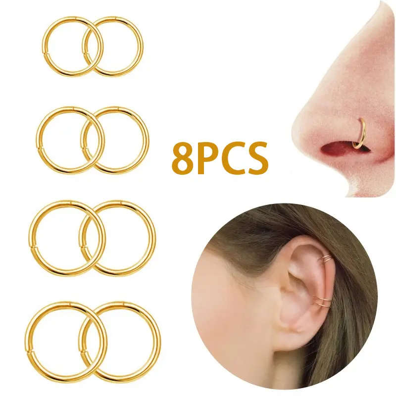 8pcs 16G/18G/20G 316L Surgical Steel Hinged Nose Rings Hoops Lip Septum Rings Helix Conch Cartilage Tragus Earrings Piercing Jewelry Black Silver Gold Plated Nose Rings For Women Men