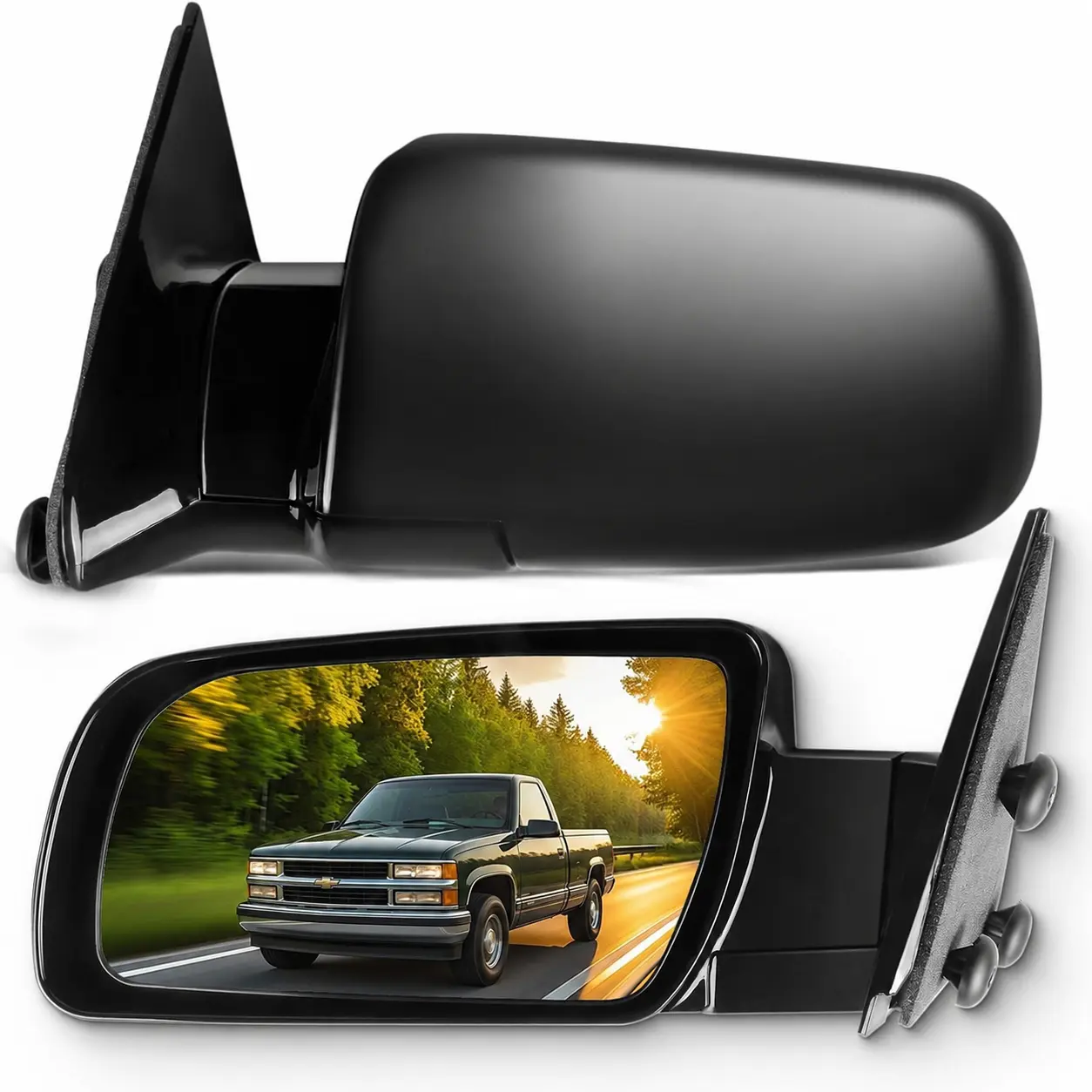 A Pair Side View Mirrors Fit for 1988-1999 For Chevy C/K 1500-3500 | 1992-1994 For Chevy Blazer | 1992-1999 For Chevy Suburban | 1995-1999 For Chevy Tahoe | Manual Folding, Non-Heated, Black, 15036360 GM1321122 GM1320122