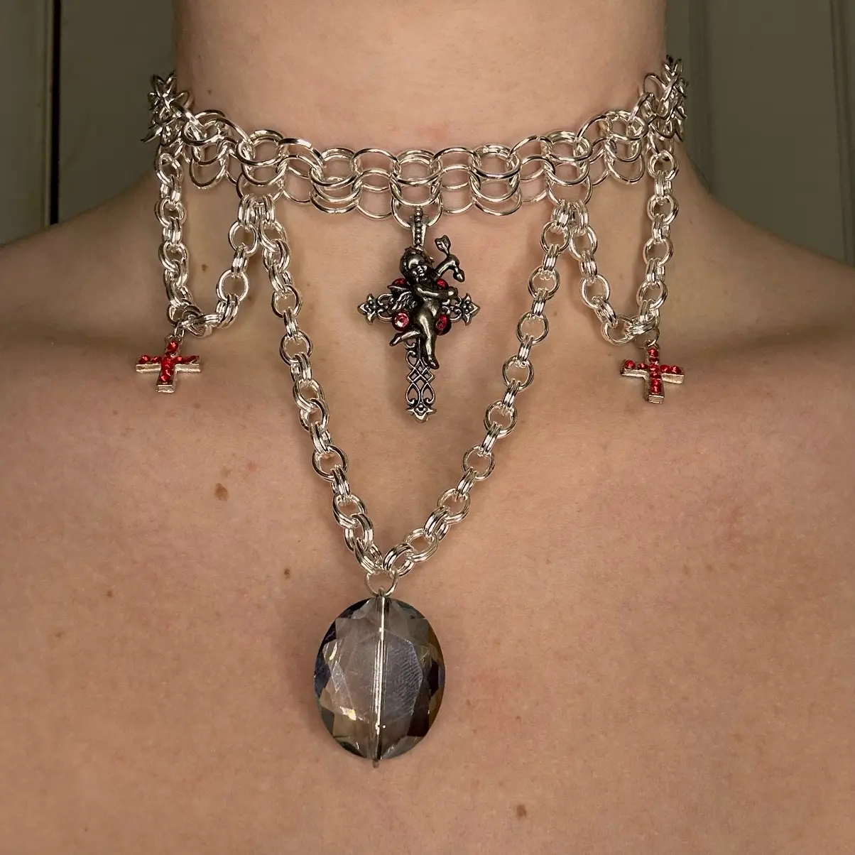 Red Cross Cherub Silver Chain Necklace Choker for Women