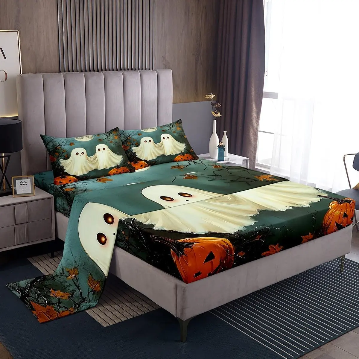 Feelyou Ghost Pumpkin Pattern Decorative Bedding Set - Full Size, Fits 16" Deep Pockets, Breathable Soft Microfiber Bedsheets with Fitted Sheet, Kids' Halloween Trick or Treat Room Decor, Machine Washable