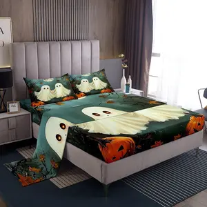 Feelyou Ghost Pumpkin Pattern Bedding Sheets Set - Breathable Soft Microfiber Fitted Sheet for Kids, Halloween Trick or Treat Room Decor