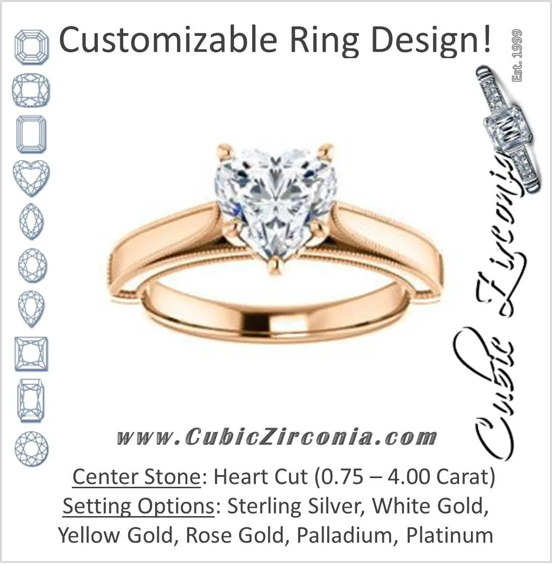 Cubic Zirconia Engagement Ring- The Britney (Customizable Heart Cut Decorative-Pronged Cathedral Solitaire with Fine Milgrain Band)