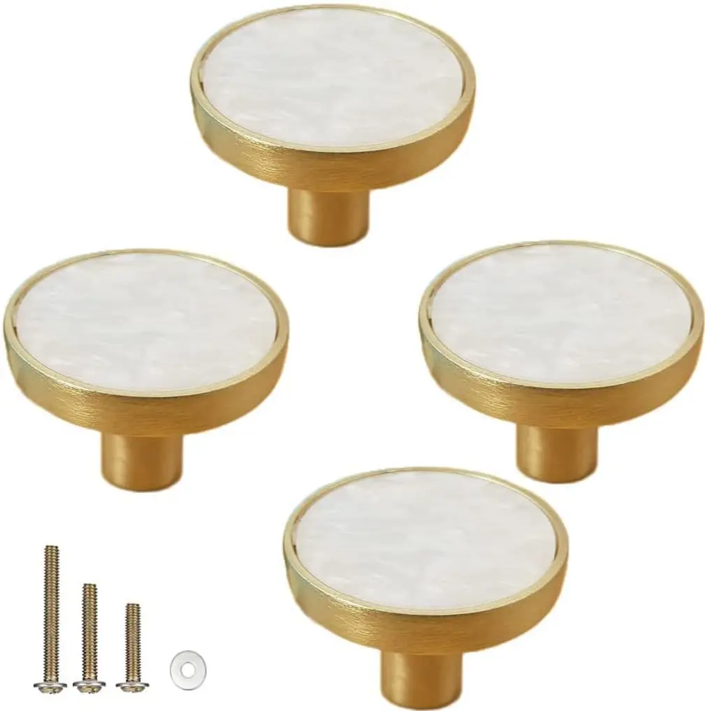 Gold Knobs for Dresr Drawers, Brass Decorative Cabinet Round Knobs, 1.25" Northern Europe/Chine Style Pearl Shell Handles pulls knobs for Home Decor Furnitures (4 Pack, Snow White)