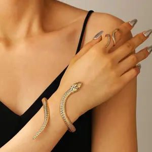 Snake Jewelry Set, Gold Tone Textured Bangle and Open Wrap Ring, Coiled Serpent Design Matching Set for Edgy Styling