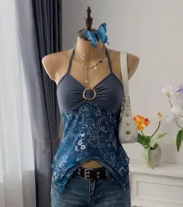 EZwear Summer Country Concert Retro Print Mesh Backless Halter Neck Top