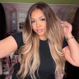 Unice 13x4 Pre Everything Honey Blonde Balayage Body Wave Wig with Chestnut Brown Roots Lace Frontal Human Hair Wig with Drawstring Natural Hairline Ready to Wear Beginers Friendly