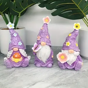 Set of 3 Resin Gnome Statues, Cute Collectible Figurines, Lavender American Country Style Home Decor, Outdoor Garden Planters, Indoor Living Room Desktop Ornaments