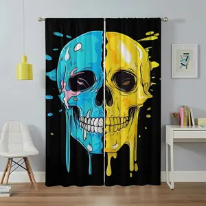 Blue & Yellow Color-Block Fluid Skull Shower Curtain — Artistic Graffiti-Style Decor & Blackout Window Curtain